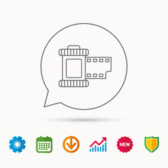 Retro photo icon. Camera roll sign. Calendar, Graph chart and Cogwheel signs. Download and Shield web icons. Vector