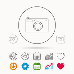 Photo camera icon. Photographer equipment sign. Calendar, Graph chart and Cogwheel signs. Download and Heart love linear web icons. Vector