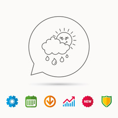 Rain and sun icon. Water drops and cloud sign. Rainy overcast day symbol. Calendar, Graph chart and Cogwheel signs. Download and Shield web icons. Vector