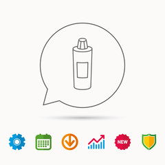 Shampoo bottle icon. Liquid soap sign. Calendar, Graph chart and Cogwheel signs. Download and Shield web icons. Vector