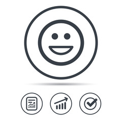 Fototapeta premium Happy smile icon. Smiley laugh emoticon symbol. Report document, Graph chart and Check signs. Circle web buttons. Vector