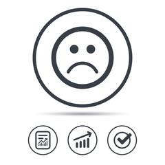 Sad smiley icon. Bad feedback symbol. Report document, Graph chart and Check signs. Circle web buttons. Vector