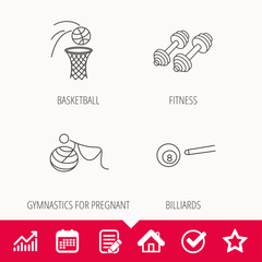 Billiards, basketball and fitness sport icons. Gymnastics for pregnant linear sign. Edit document, Calendar and Graph chart signs. Star, Check and House web icons. Vector
