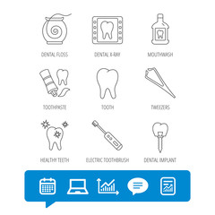 Dental floss, tooth and implant icons. Mouthwash, x-ray and toothpaste linear signs. Electric toothbrush. Report file, Graph chart and Chat speech bubble signs. Laptop and Calendar web icons. Vector