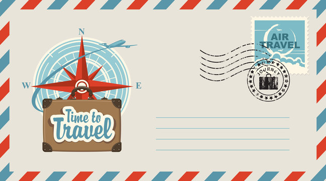 Postal envelope with stamp and rubber stamp. Illustration on the theme of travel with a suitcase, passenger plane against the backdrop of the compass Windrose and the inscription Time to travel