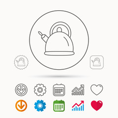 Teapot icon. Kitchen kettle sign. Hot drink appliance tool. Calendar, Graph chart and Cogwheel signs. Download and Heart love linear web icons. Vector