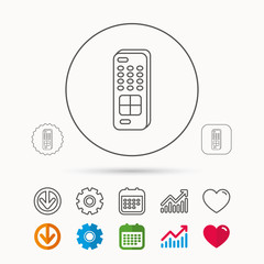 Remote control icon. TV switching channels sign. Calendar, Graph chart and Cogwheel signs. Download and Heart love linear web icons. Vector
