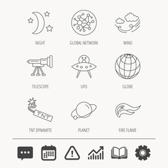 Ufo, planet and telescope icons. World, global network and night linear signs. TNT dynamite, fire flame and wind flat line icons. Education book, Graph chart and Chat signs. Vector