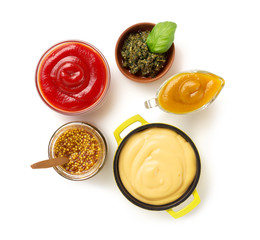 set of dip sauces in bowl on white