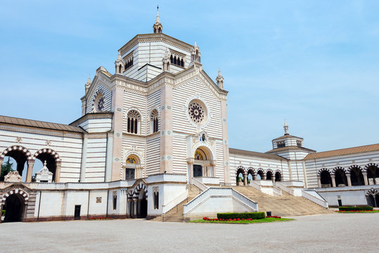 Monumental Cemetery in Milano, Italy, also known as Cimitero Monumentale di Milano - one of the largest cemeteries and main landmarks in the city. Famedio chapel is main entrance to graveyard.