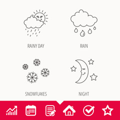 Weather, snowflakes and rain icons. Moon night linear sign. Edit document, Calendar and Graph chart signs. Star, Check and House web icons. Vector