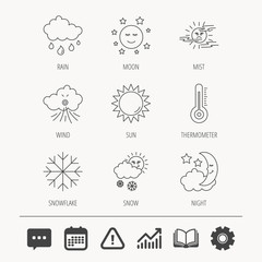 Weather, sun and rain icons. Moon night, clouds and mist linear signs. Wind and snowflakes flat line icons. Education book, Graph chart and Chat signs. Attention, Calendar and Cogwheel web icons