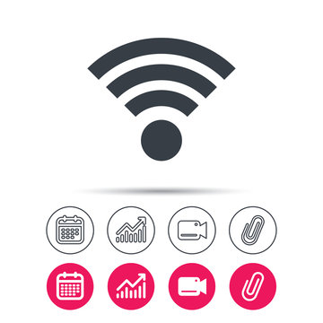 Wifi icon. Wireless internet sign. Communication technology symbol. Statistics chart, calendar and video camera signs. Attachment clip web icons. Vector