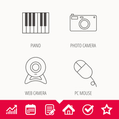 Piano, web camera and photo camera icons. PC mouse linear sign. Edit document, Calendar and Graph chart signs. Star, Check and House web icons. Vector