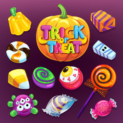 Happy Halloween candy set. Trick or treat. Vector illustration holidays sweets