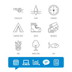 Maple tree, fishing float and hiking boots icons. Compass, flashlight and fire linear signs. Camping tent, fish and backpack icons. Report file, Graph chart and Chat speech bubble signs. Vector