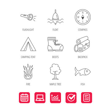 Maple tree, fishing float and hiking boots icons. Compass, flashlight and fire linear signs. Camping tent, fish and backpack icons. Report document, Graph chart and Calendar signs. Vector