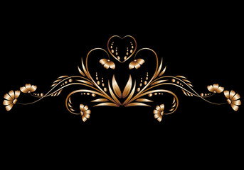 A beautiful design of a floral pattern made of gold metal foil on a black background close-up. Design elements for decorating banners, greetings or messages
