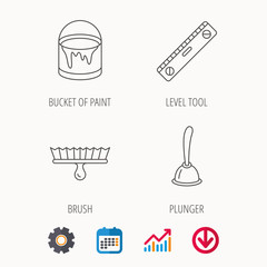 Level tool, plunger and brush tool icons. Bucket of paint linear sign. Calendar, Graph chart and Cogwheel signs. Download colored web icon. Vector