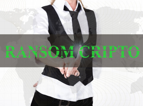 businesswoman in a jacket and tie pressing ransom cripto button of a virtual screen. exchange and production of crypto currency concept