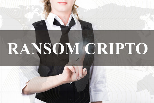 businesswoman in a jacket and tie pressing ransom cripto button of a virtual screen. exchange and production of crypto currency concept