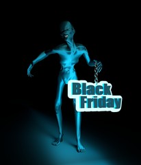 Posing horrified zombie. Black Friday text on billboard. 3D rendering