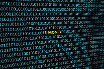 Closeup of binary code, with the inscription "E-money" Radial rays diverge from the inscription