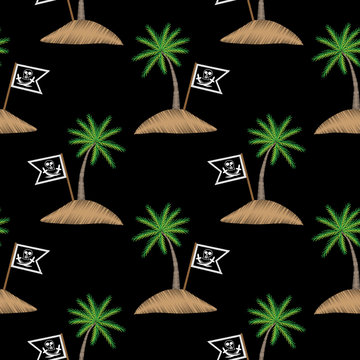Seamless pattern with little pirate flag and palm tree embroidery stitches imitation