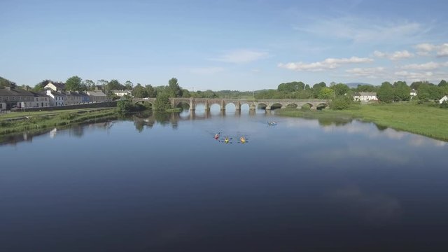 Aerial view O'Brien's Bridge or O'Briensbridge. A scenic village in east County Clare, Ireland, on the west bank of the River Shannon.