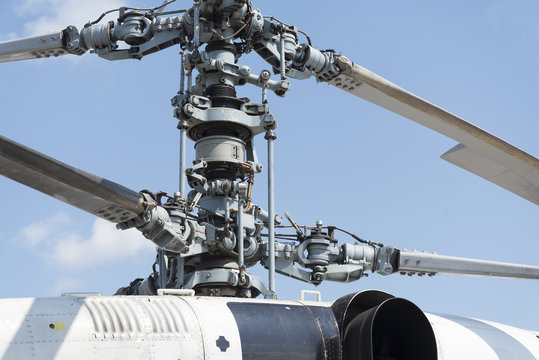 The screw of the helicopter close up.