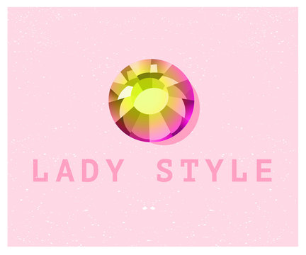 Vector abstract logo design with rhinestone gem sign isolated on pink background. Good for lady store, jewelry company, lightning industry, fashion business company group insignia. Simple gem icon.