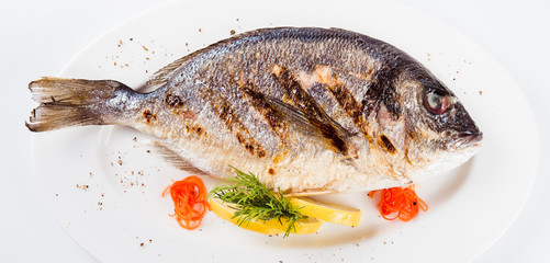 grilled dorada on a white plate on a light background (top view close)