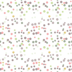 Modern Abstract Vector  Confetti Background. Seamless pattern in soft pastel colors and golden glitters. Festive party repeat.