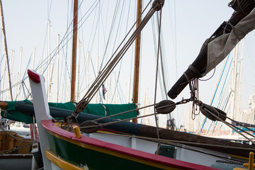 Front of traditional sailing ship in toulon harbor