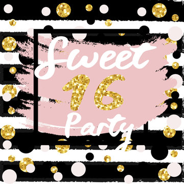 Cute Festive Bright Sweet Sixteen Card With Golden Glitter