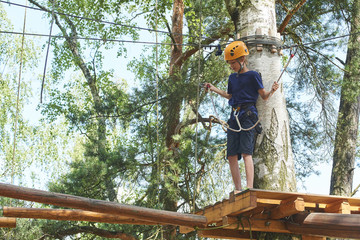 Child boy enjoys climbing in the ropes course adventure. Child engaged climbing high wire park. Active brave little boy enjoying climbing at treetop adventure park