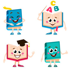 Set of funny book characters. Cartoon vector illustration isolated on white background. Cute books with smiling faces, arms and legs, school, education concept, design elements