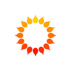 Stylized sun logo. Round icon of sun, flower. Isolated yellow orange red logo on white background. Can use like frame.