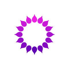 Stylized sun logo. Round icon of sun, flower. Isolated pink purple logo on white background. Can use like frame.