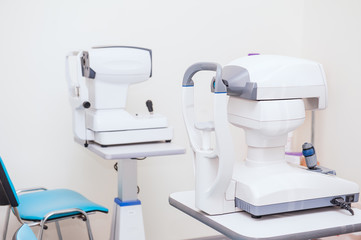 Optical medical equipment used in ophthalmology. Ophthalmologist's office. Selective focus