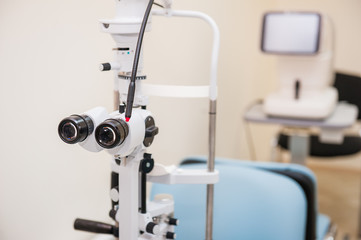 Slit lamp. Biomicroscope. Binoculars. Ophthalmic equipment.. Close up, selective focus. Health care...