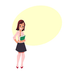 Student, pupil, girl in school uniform holding a book, cartoon vector illustration isolated on white background. School girl with speech bubble
