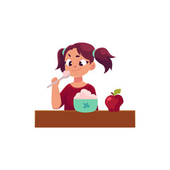 Little girl with ponytails having healthy breakfast, porridge and apple, daily routine, cartoon vector illustration isolated on white background. Cartoon little girl having breakfast
