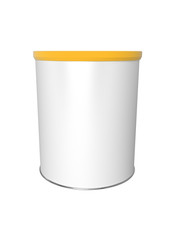3D realistic render of Round white tin can with orange plastic lid, Container for tea, coffee, sugar, candy, food, spice or paint. Realistic packaging mock up template with clipping path.