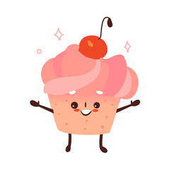 Vector sweet humanized cupcake, brownie character with arms and legs . Flat cartoon isolated illustration on a white background. Funny smiley dessert with cherry at head.