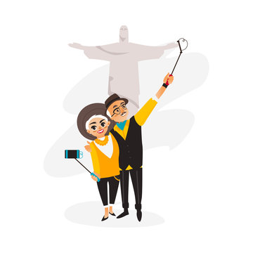 Vector adult couple makes selfie on statue of Christ the Redeemer in Rio background .Flat, cartoon Isolated illustration on a white background. Man and woman make photo by selfie stick on vacation