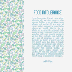 Fototapeta na wymiar Food intolerance concept with thin line icons of common allergens, sugar and trans fat, vegetarian and organic symbols. Vector illustration.