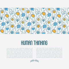 Human thinking concept with thin line icons of head silhouette. Vector illustration for survey about human brain, web page of psychologist, print media.