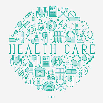 Health care concept in circle with thin line icons related to hospital, clinic, laboratory. Vector illustration for conclusion, banner, web page.