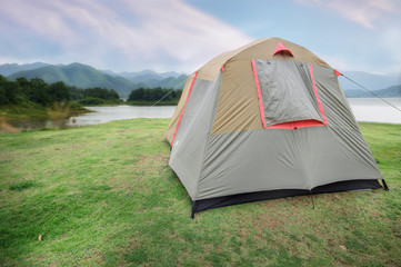 Camping on mountain landscape view with lake background